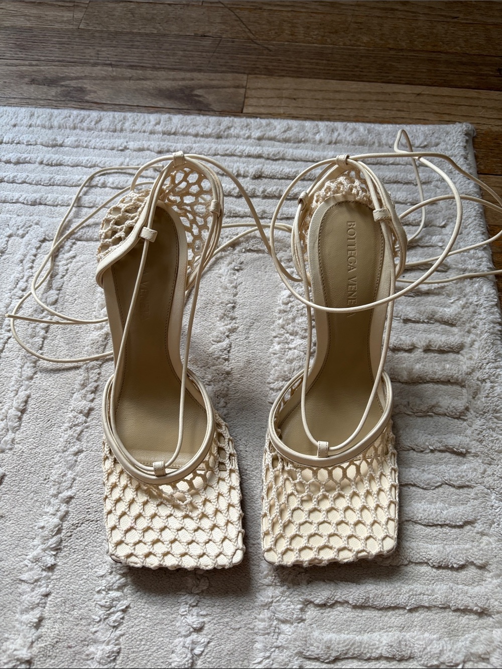 Bottega Veneta Cream Woven Lace-Up Heels